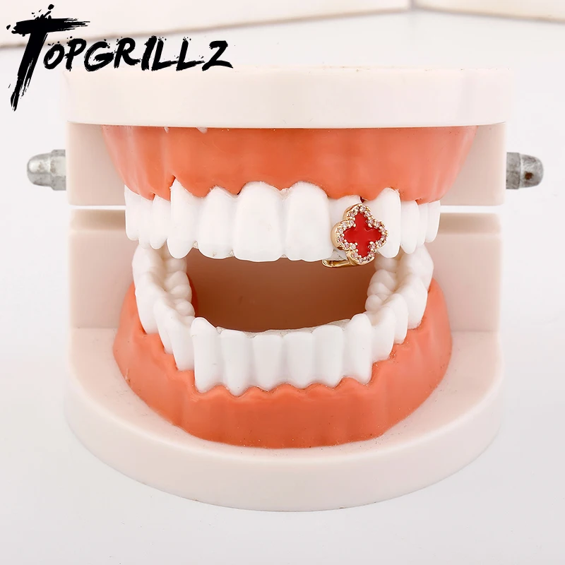 TOPGRILLZ Single Iced Out Four Leaf Clover Teeth Grillz Oil Drop Cubic Zircon Dental Grills For Women Men Tooth Cap Body Jewelry