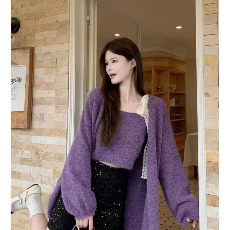 

Женская одежда, весенне-осенняя модная простота, однотонная майка на бретельках, женский универсальный вязаный комплект из двух предметов