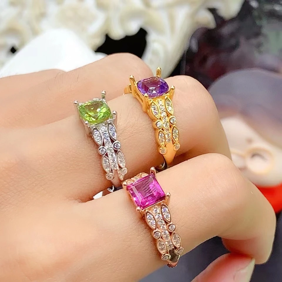 2024 Hotsale Sterling Silver Gemstone Ring 100% Natural Amethyst Peridot and Pyrope Garnet Ring with Thick 18K Gold Plating