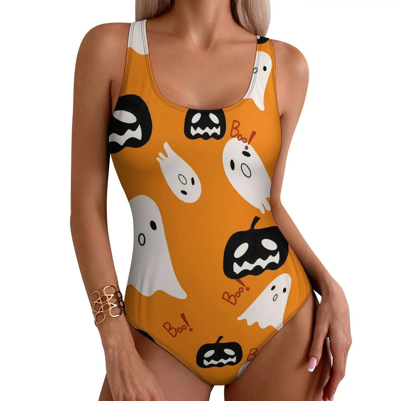Happy Haunts Swimsuit Halloween Pumpkin Ghost One-Piece Swimwear Push Up Stylish Bathing Suit Sexy Sport Graphic Beach Wear