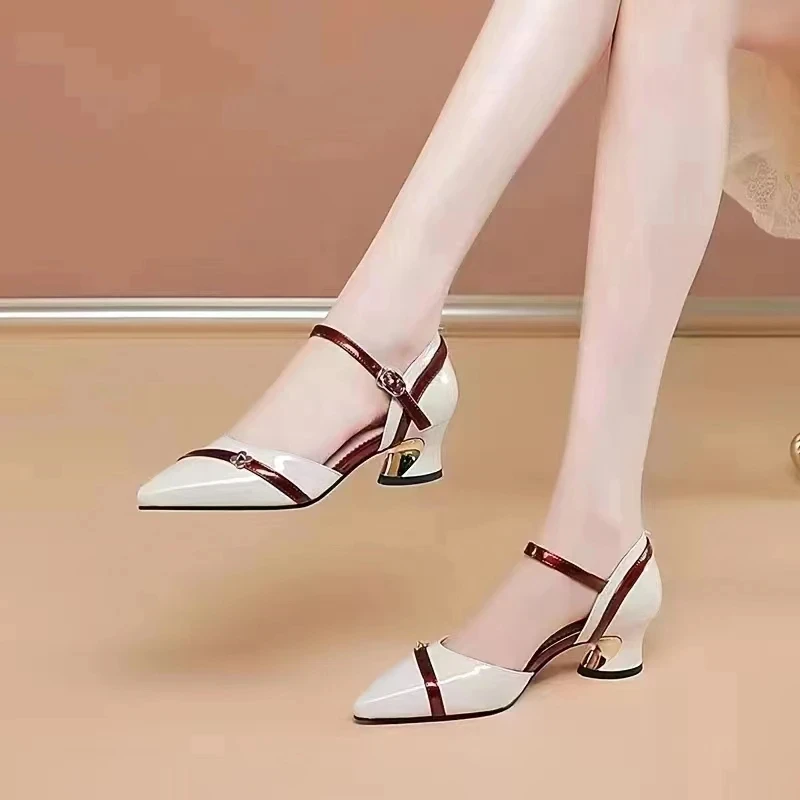 Woman Sandals Low Heel Hoof Heels Slingback Sandals Women Pointy Toe Gladiator Sandalias Ladies Hollow Out Brand Shoes