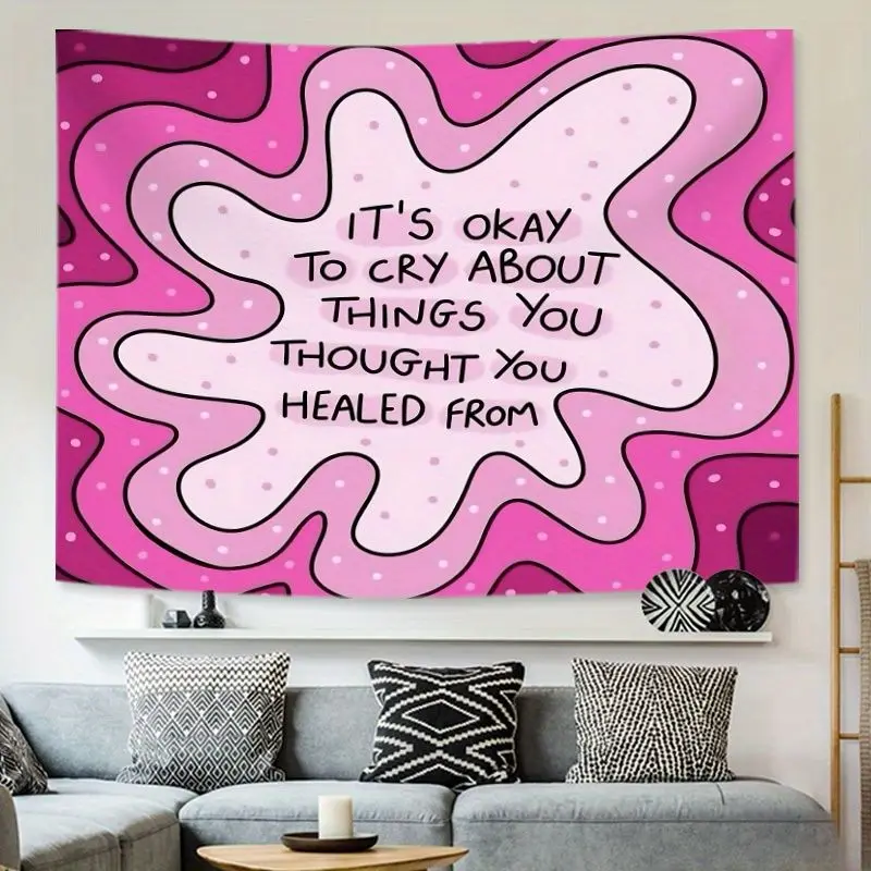 VIKAMA Pink Purple Healing English Slogan Ins Wind Tapestry, Soft Wall Hanging for Bedroom Living Room Dorm
