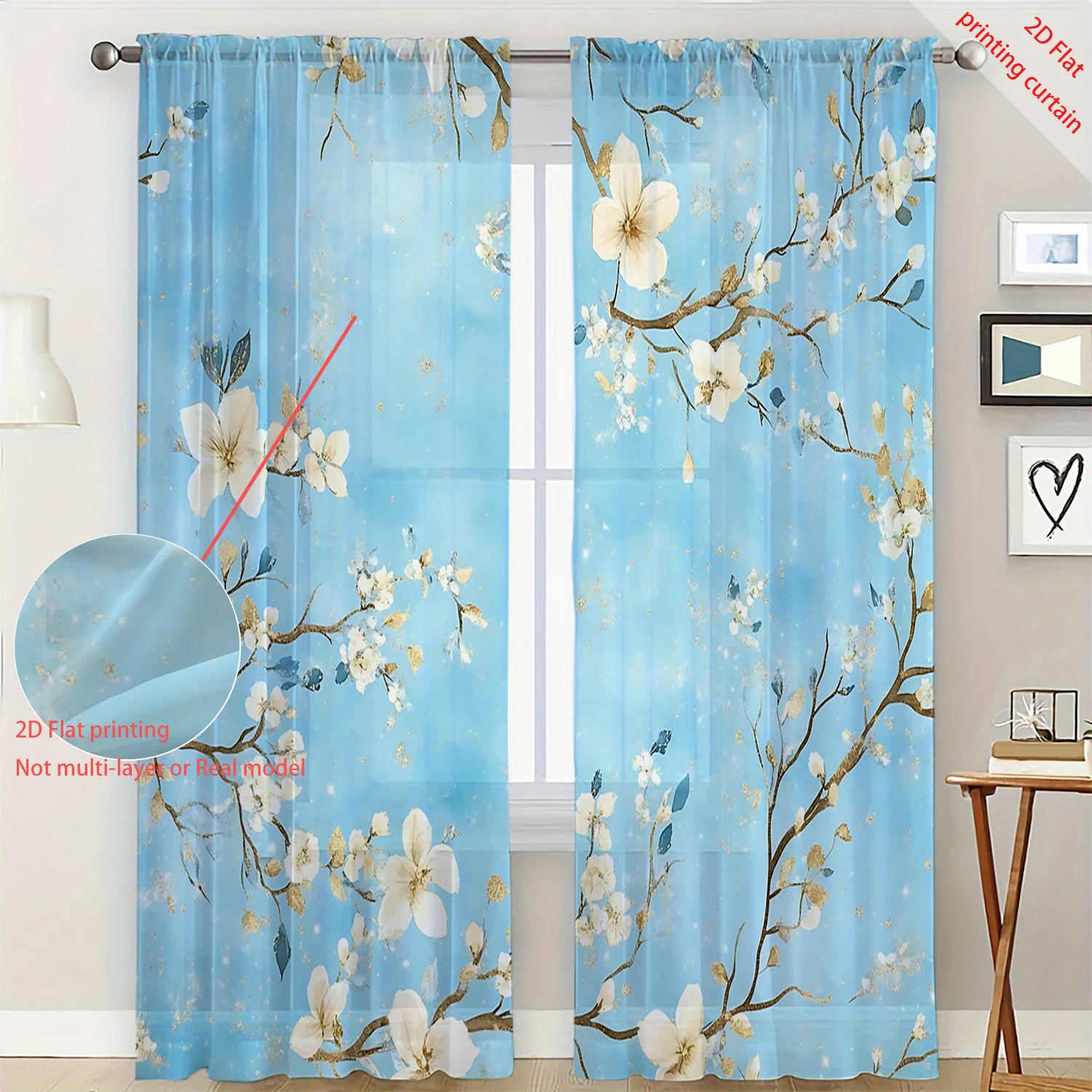 2 Pieces HD Digital Blue background flowers Printed Window Screen Home Decor Style Decoration Living Room Bedroom Rod