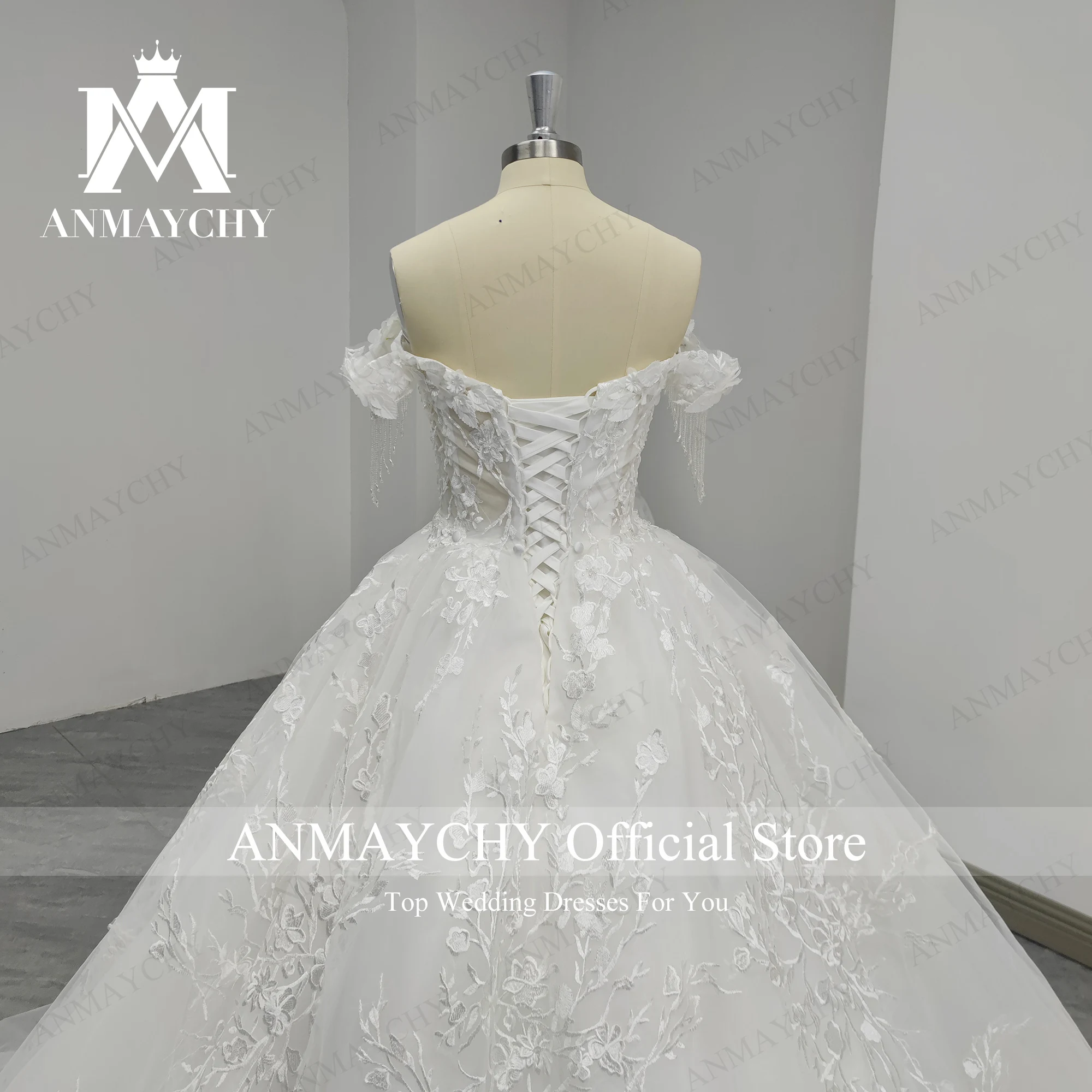 ANMAYCHY  A-Line Luxury Wedding Dresses For Women 2022 Off the Shoulder Beading 3D Flowers TASSEL Wedding Gown Vestidos De Novia