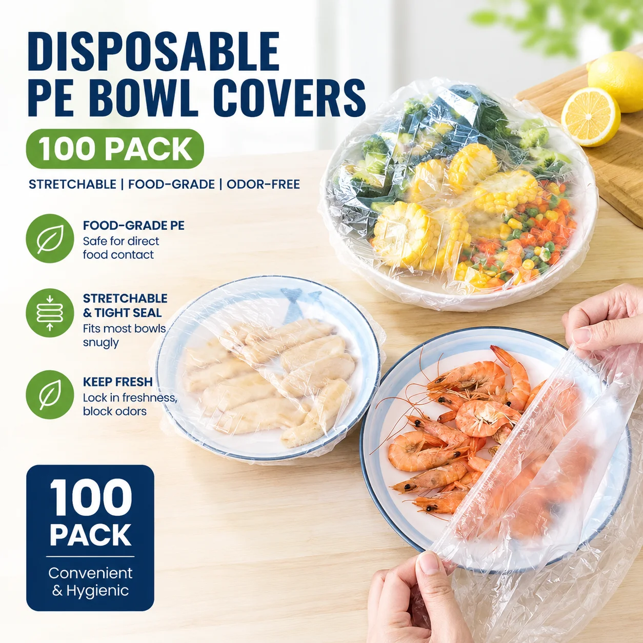 Disposable PE Bowl Covers 100 Pack, Food-Grade Stretchable Fresh-Keeping Film for Refrigerator, Odor-Free Kitchen Use