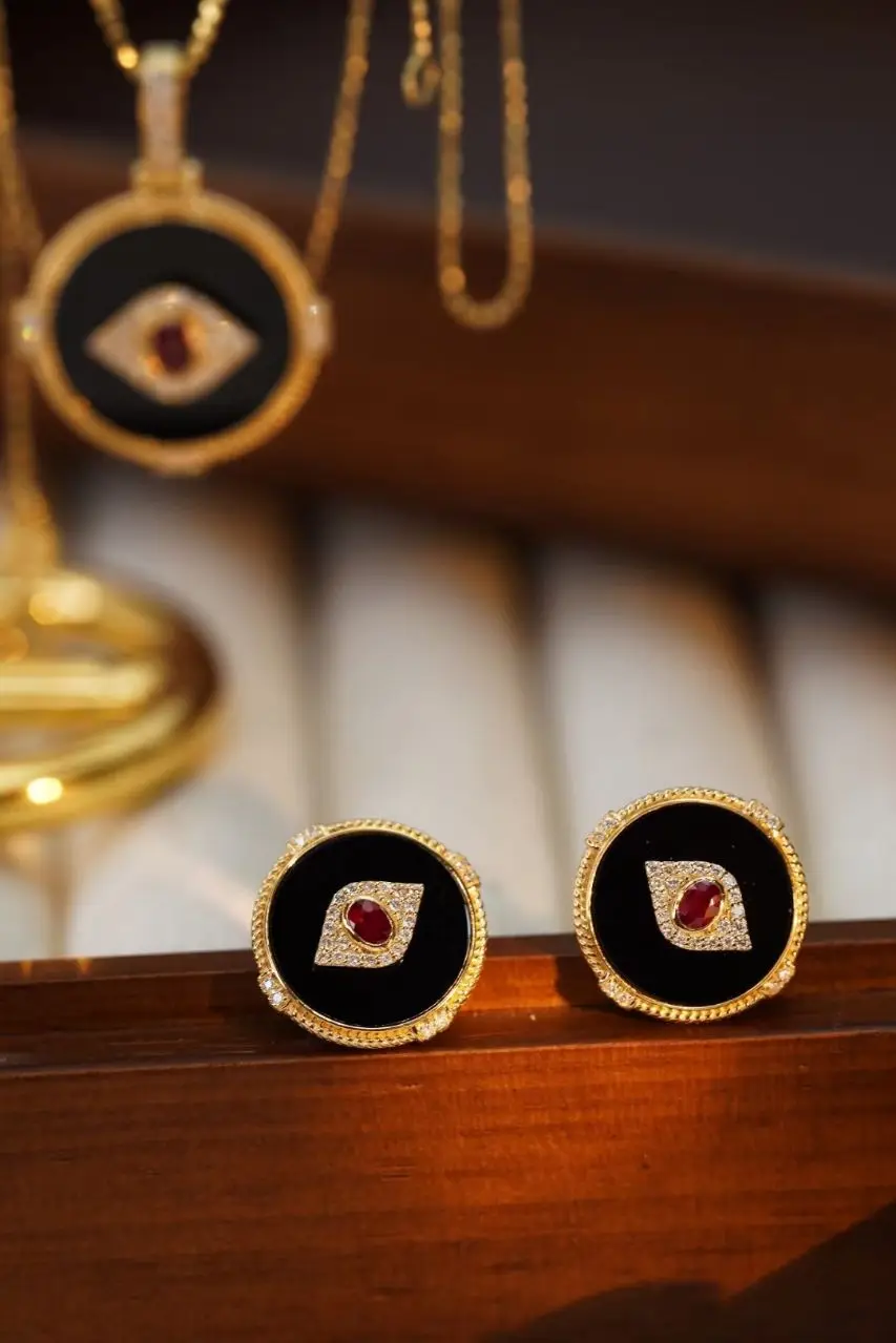 Evil Eye 18K Gold Plated Round Black & Red Agate Ring Bracelets Necklaces Set Deep And Charming Black Color Look Jewelry Custom