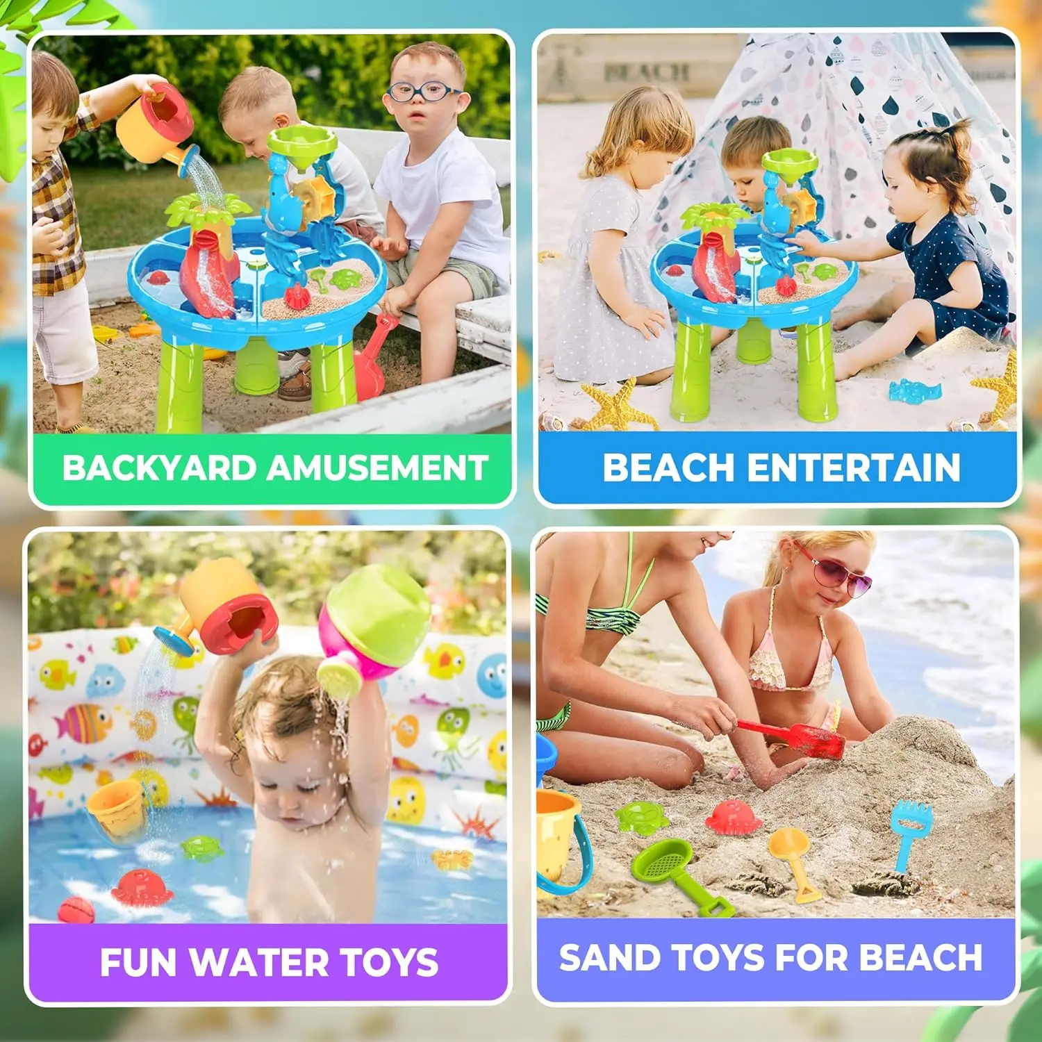 유아용 워터 테이블, 물 및 모래 활동 감각 놀이 세트, 12 개 액세서리 포함, 3 in 1, 여름 야외 수영장