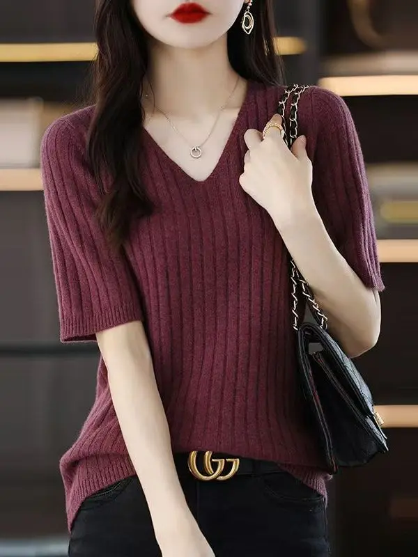 Slimming Five-Quarter Sleeve Knitted Sweater Thin Ladies' Outerwear Simple Style Early Spring New Arrival Versatile Commute F...