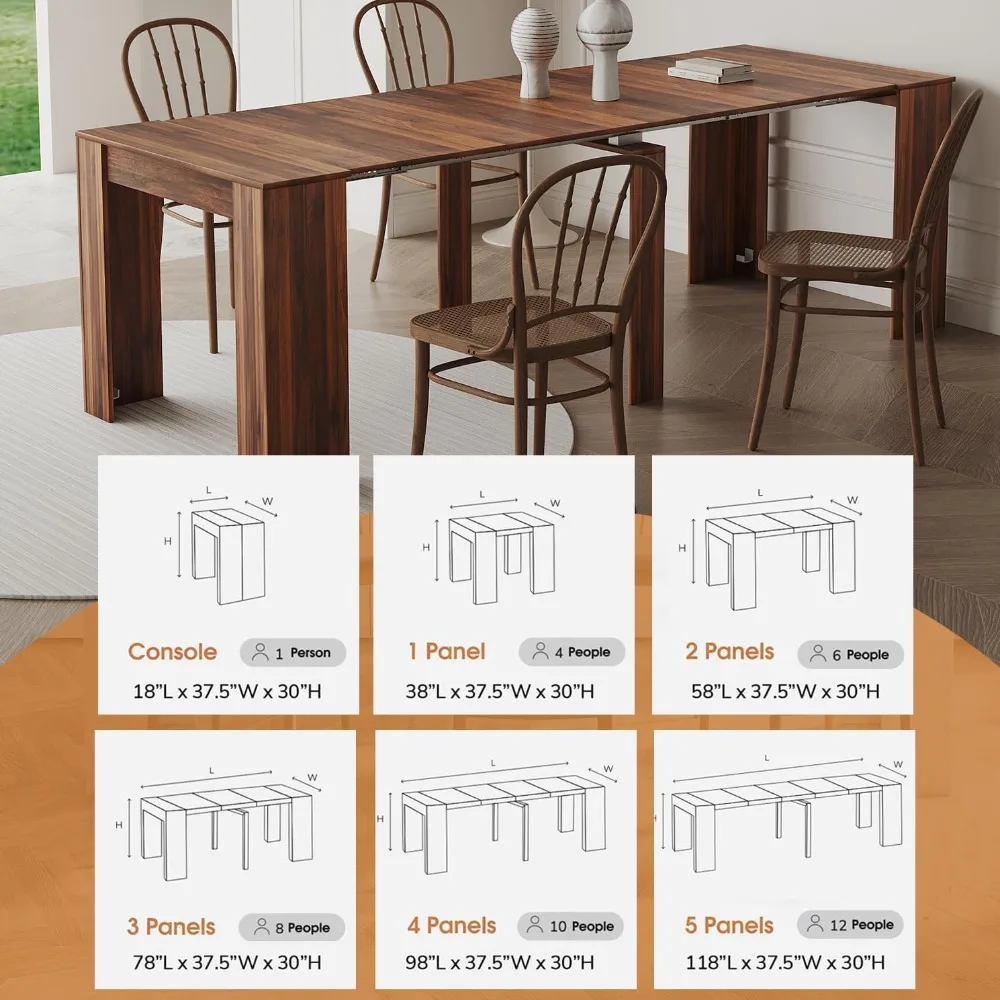 طاولة غرفة طعام قابلة للتمديد، طاولة طعام كبيرة قابلة للتمديد 20-118 تتسع لـ 6 8 10 12 شخصًا، مستطيلة من خشب الجوز الحديث #5