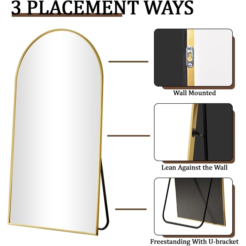 Espelho de chão dourado arqueado - Espelho de comprimento total de 65 polegadas para sala de estar - Reflexão elegante de corpo inteiro