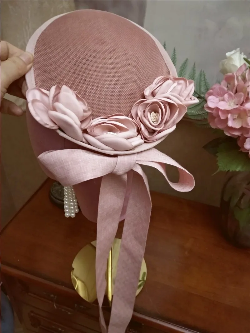 Pink Flower  Medieval Formal Hats Vintage Women Fedoras  Bonnet Girls Cosplay Photo Props Floral l Fascinator Chapeau