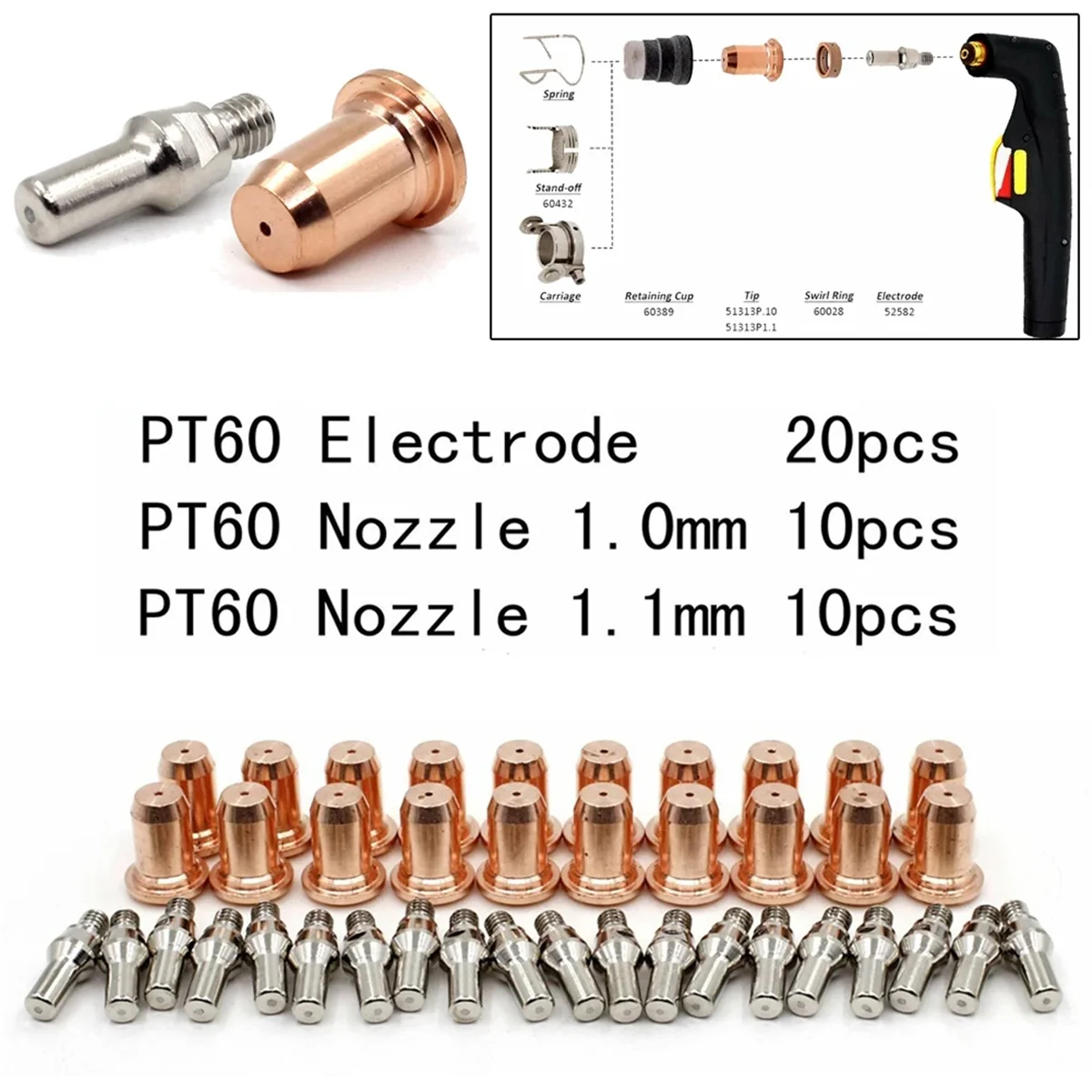 40Pcs Plasma Tips Kit 1.0mm 1.1mm Electrode 52582 for IPT-60 PT60 PT40 IPT-40 Plasma Torch 1.0mm Nozzle 51313P1.0