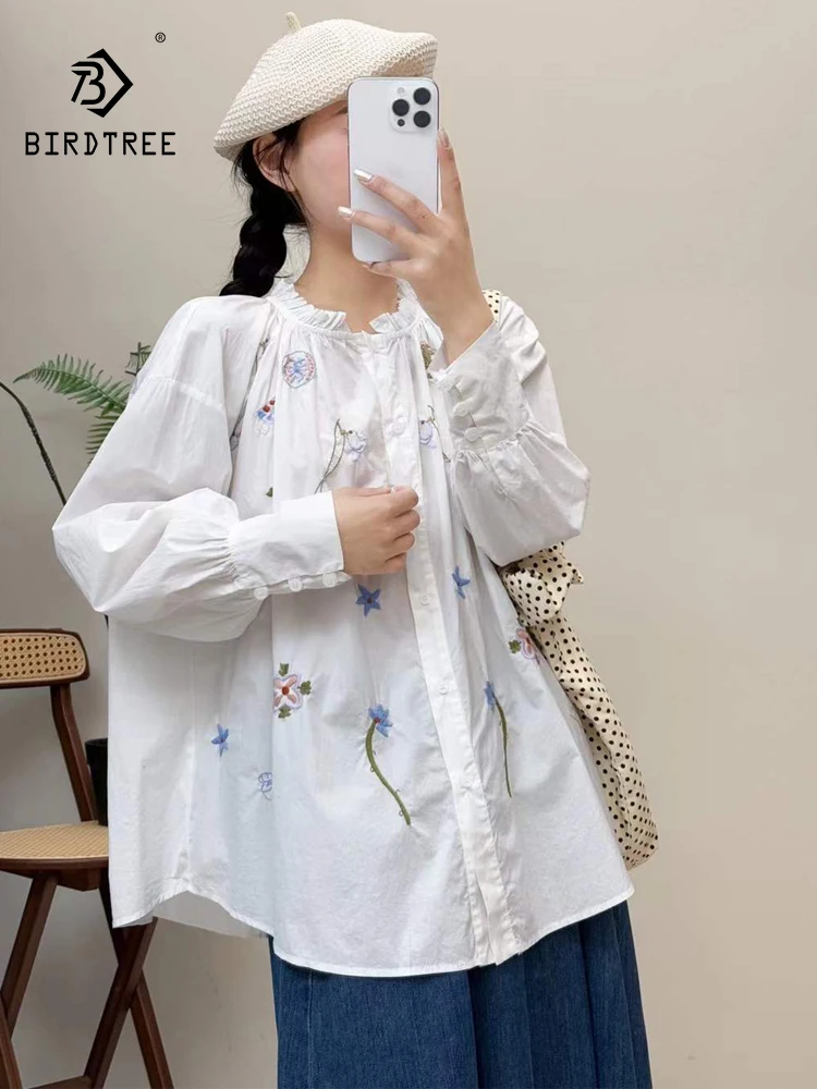 

New 2025 Autumn Cotton Long Sleeve Shirt, Women Ruffled Embroidery, Mori Girl Retro Versatile Lazy INS Loose Blouse T57682CC