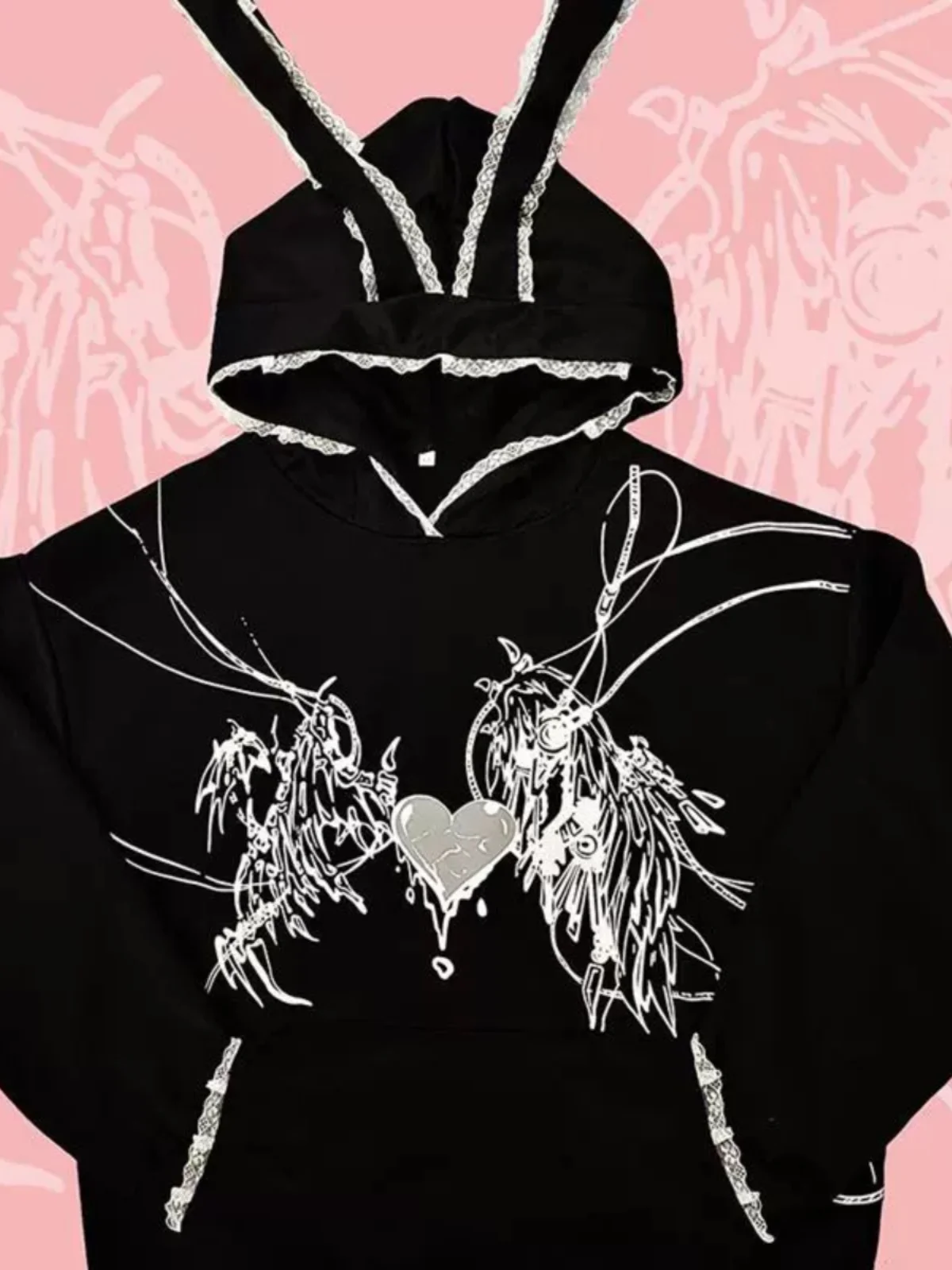 

Kawaii Cool Lace Yabibian Sle Cultural Top Hooded Fce Women's Autumn Winter Student Y2K Ear Hoodie Jaet