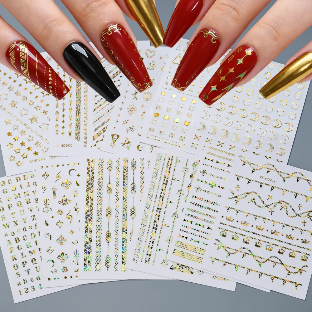 12 Stück 3D Stern Mond Buchstaben Nagelkunst-Aufkleber Gold Silber Geometrische Linien Nagel-Abziehbilder Retro-Muster Selbstklebende Maniküre-Slider