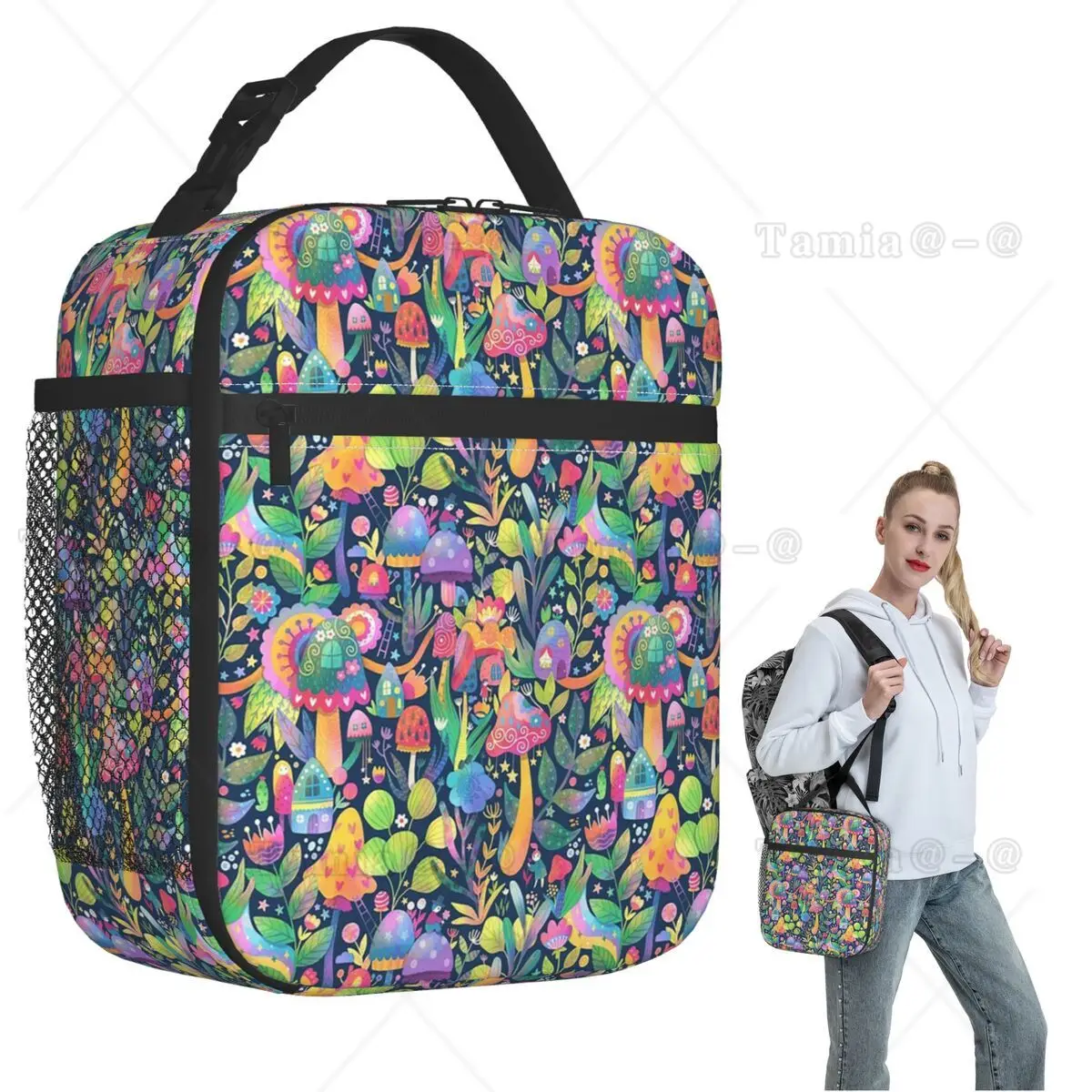 Colorful Magical Mushrooms Pattern Insulated Lunch Bag for Women Children Portable Food Boxes Thermal Lunch Box Tote