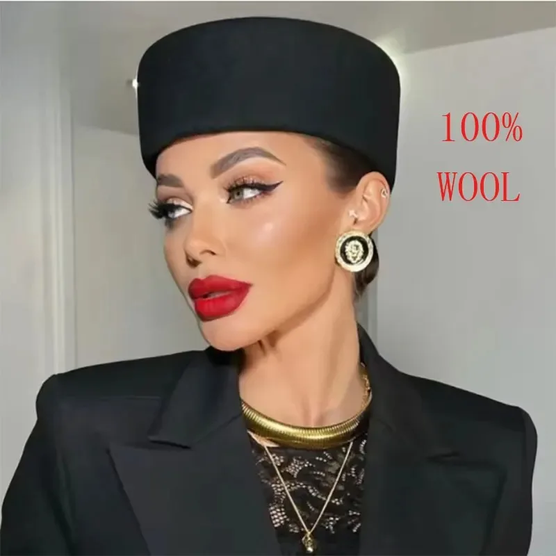 Vintage Ladies 100% Wool Pillbox Hat Fashion Elegant Hardtop Wool Felt Beret Cocktail Wedding Party Charming Dome Bowler Hat