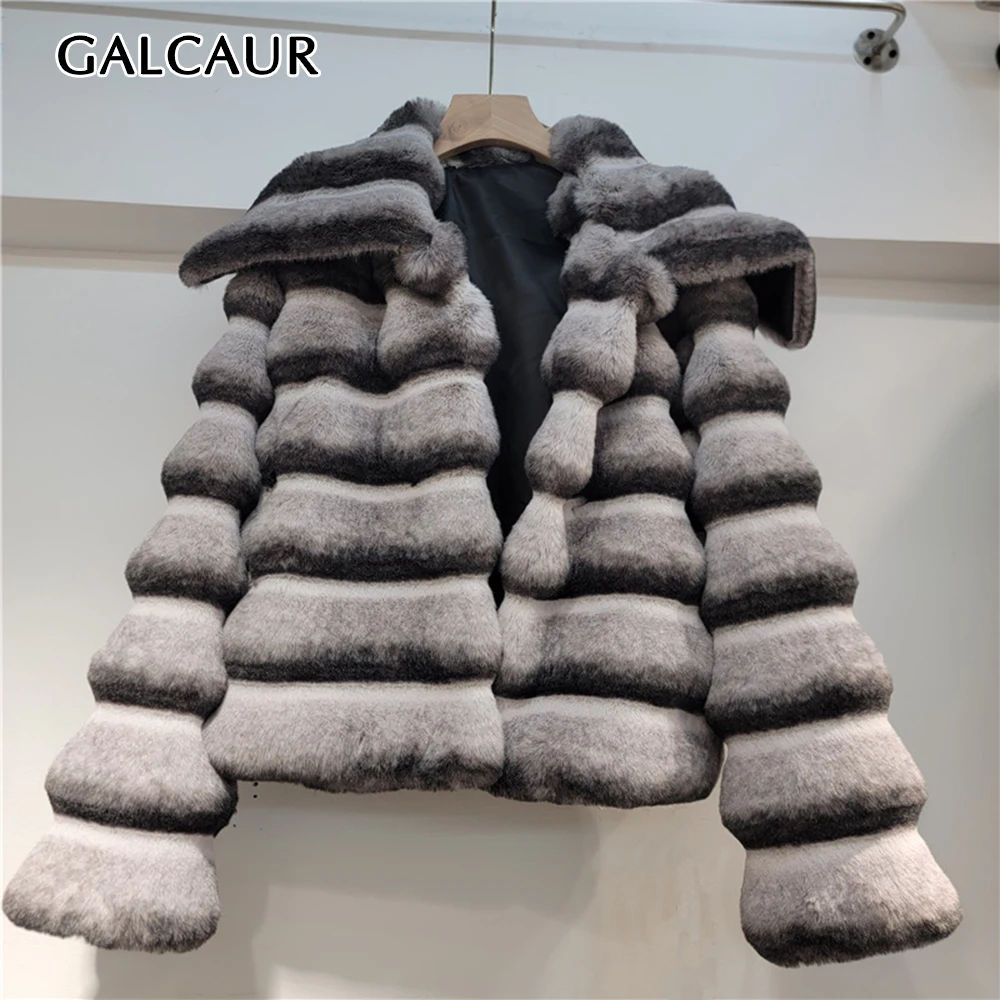 GALCAUR Solid Temperament Plush Coat for Women Turndown Collar Long Sleeves Patchwork Artificial Fur Loose Jackets Female New