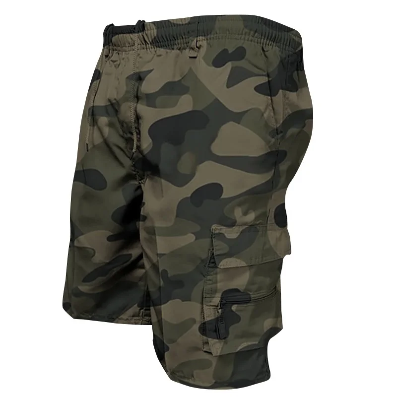 Shorts casuais soltos com cordão masculino, shorts táticos de bolso múltiplo, esporte ao ar livre, camuflado, rua de verão