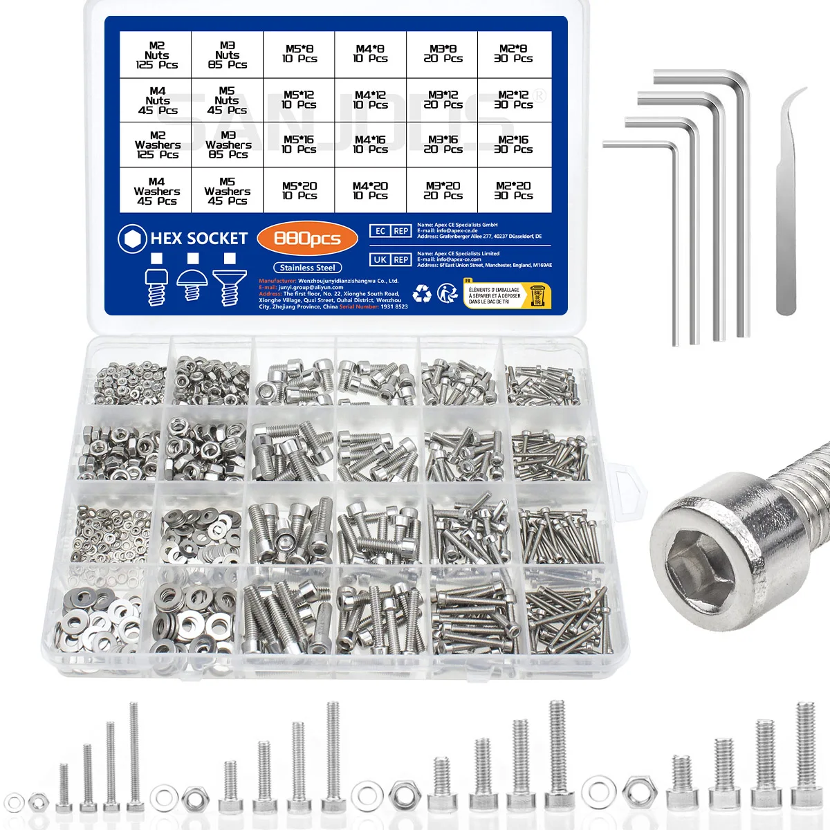 880-teiliges Innensechskantschrauben-Set mit Innensechskant, M2, M3, M4, M5, Edelstahl-Muttern und Unterlegscheiben-Sortiment