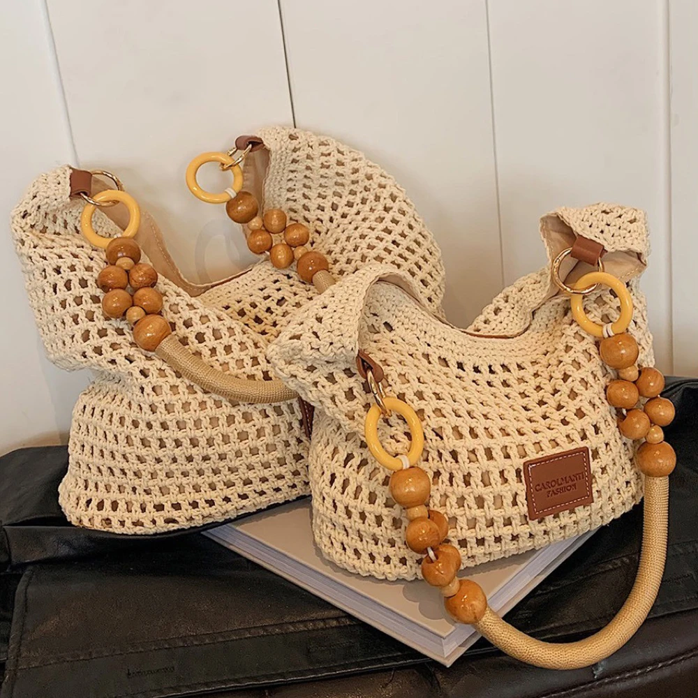 

Handmade Crochet Hobo Bag, Hollow Out Woven Shoulder Bag with Beaded Strap, Large Capacity Tote for Summer Beach Underarm Bag