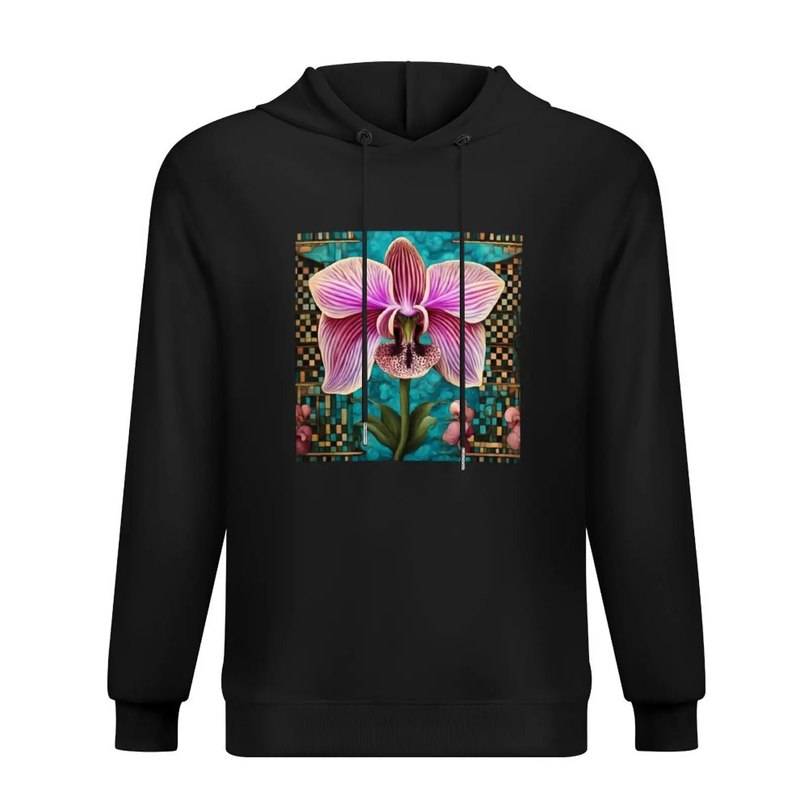 

Beautiful orchid on a checkerboard background in turquoise and pink tones. Hoodie men's sweat-shirt autumn hoodie