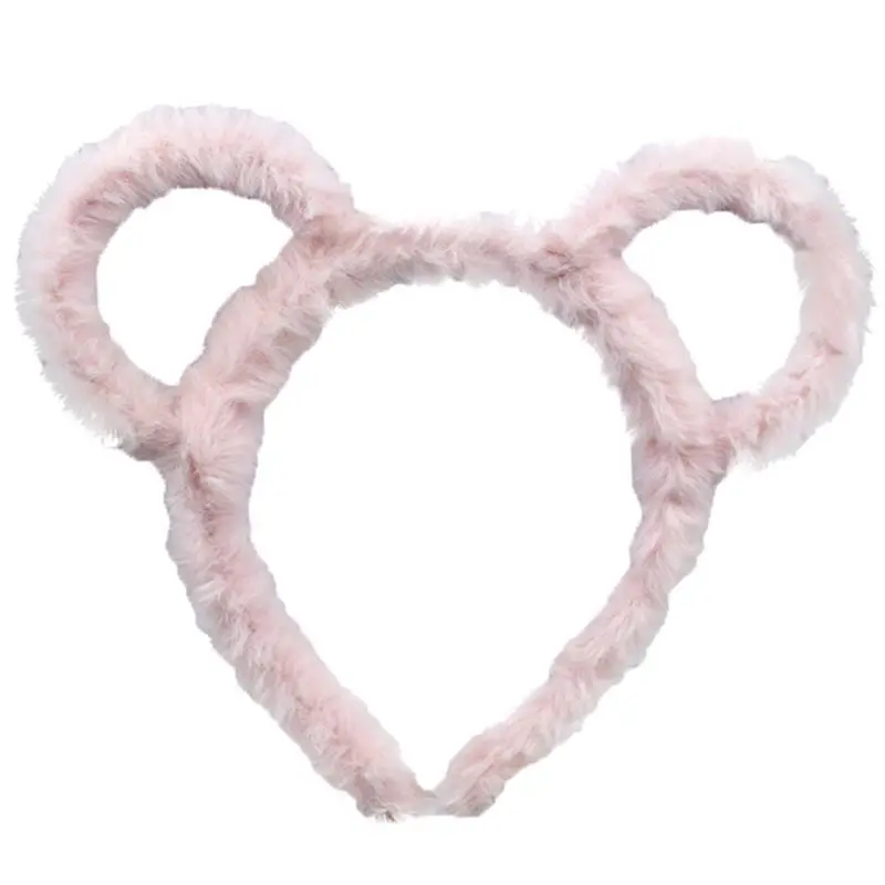 Korean Women Winter Thick Plush Headband Cute Round Mouse Bear Ears Hair Hoop Candy Color Makeup Metal Bandana Birthday Party