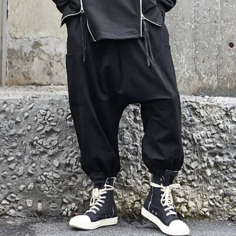 

Мужские летние брюки Minutes, свободные весенние брюки и брюки с низким шаговым швом, мужские повседневные брюки, большие шаровары черного цвета