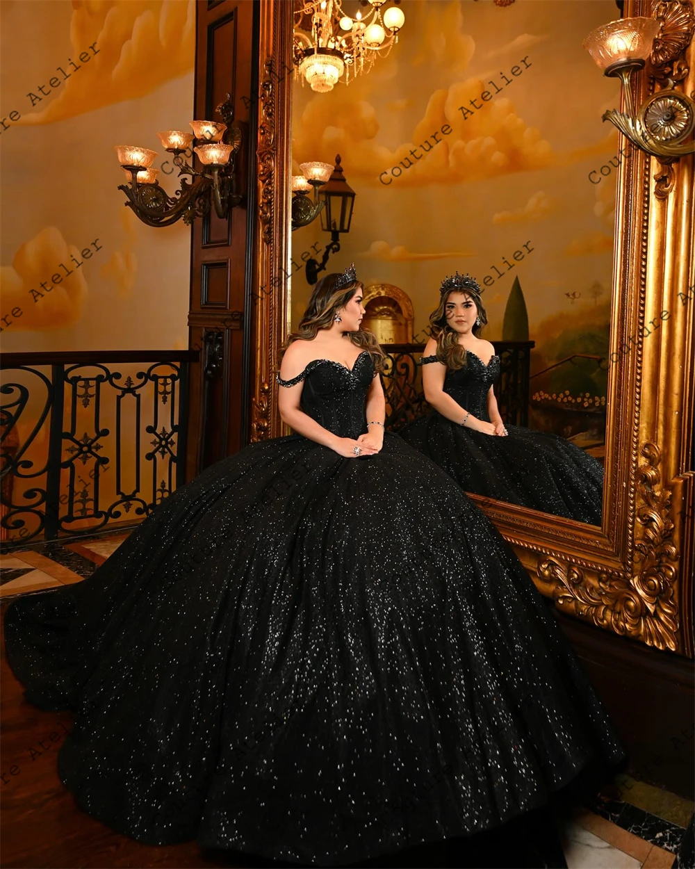 Glittering Black Off Shoulder Beaded Quinceanera Dresses for Sweet 15 Year Mexican Corset Puffy Ball Gown Princess Customized