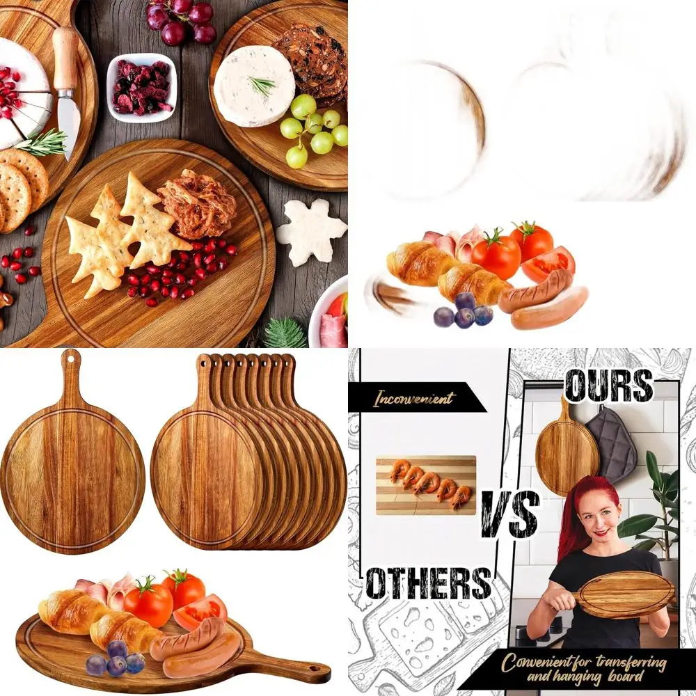 

Set of 10 Acacia Wood Round Cutting Boards, 15.4x11.4 Inches, with Handle for Kitchen Use, Ideal for Pizza, Bread, Cheese, and M
