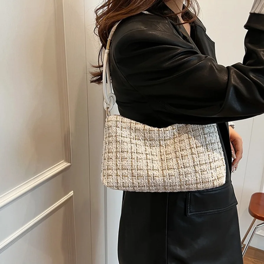 

Zipper Hobos Woolen Plaid Underarm Bag Dacron Appliques New Luxury Designer Handbags Soft Korean Style Purse Crossbody Bag Daily