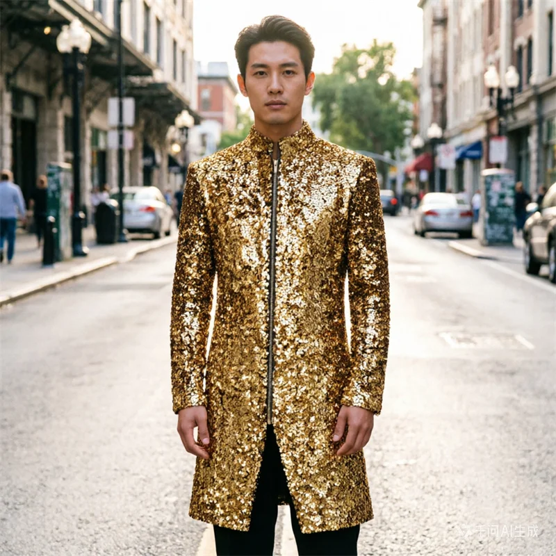 

Men's Gold Velvet Sequin Jacket Performance Set, Mid Length Singer Banquet Runway Skirt, Wedding, Banquet Dress Jacket 。