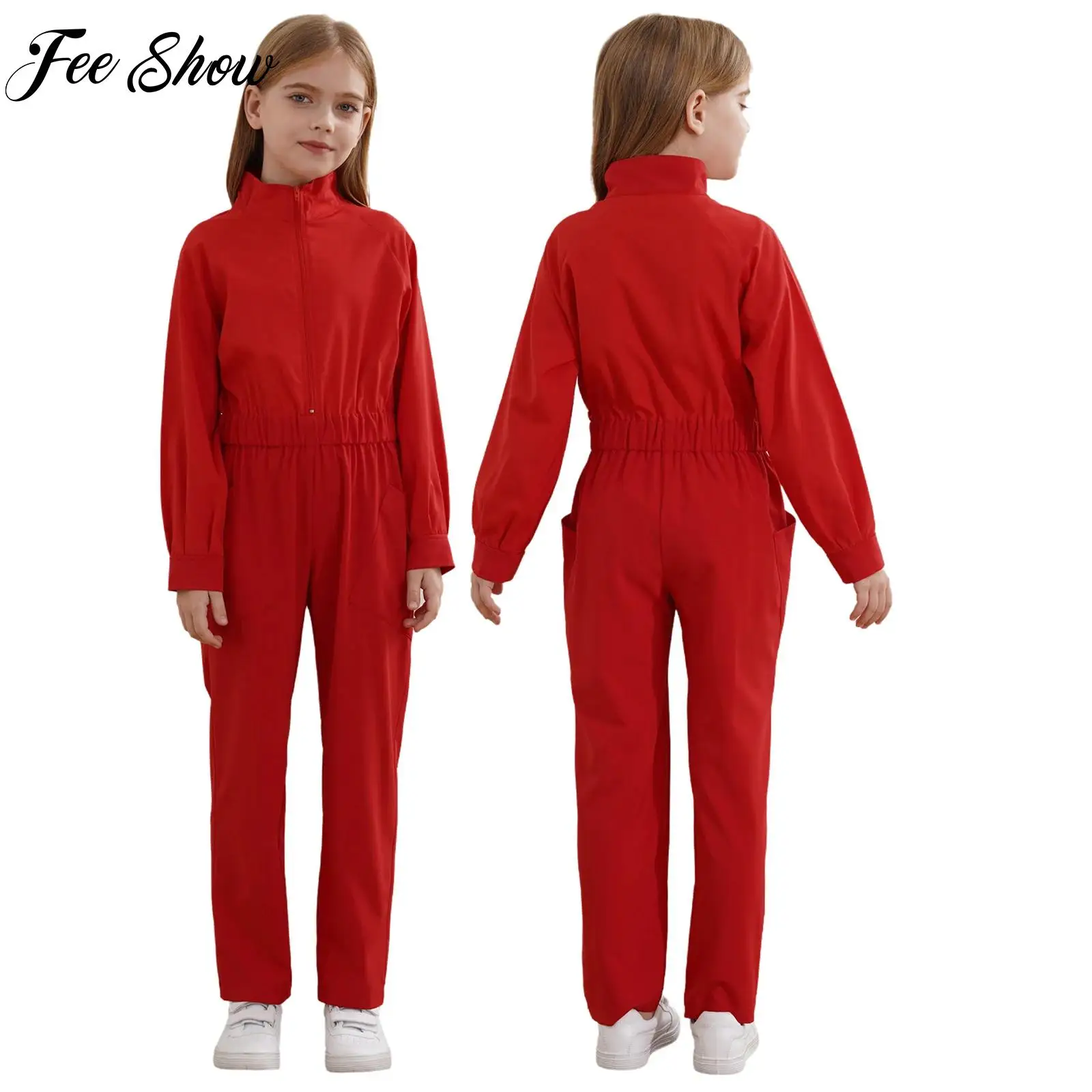 

Kid Girl Sport Jumpsuit Costume Zipper Front Coverall Casual Long Sleeve Jumpsuit Waist Rompers with Pockets for School Weekend
