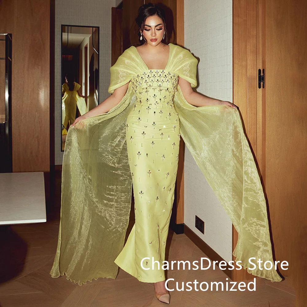 Saud Arabic Evening Dress Customized Cap Sleeve Heavy Beading Stones Sheath Cocktail Party Gown Yellow Arabian Prom Dresses