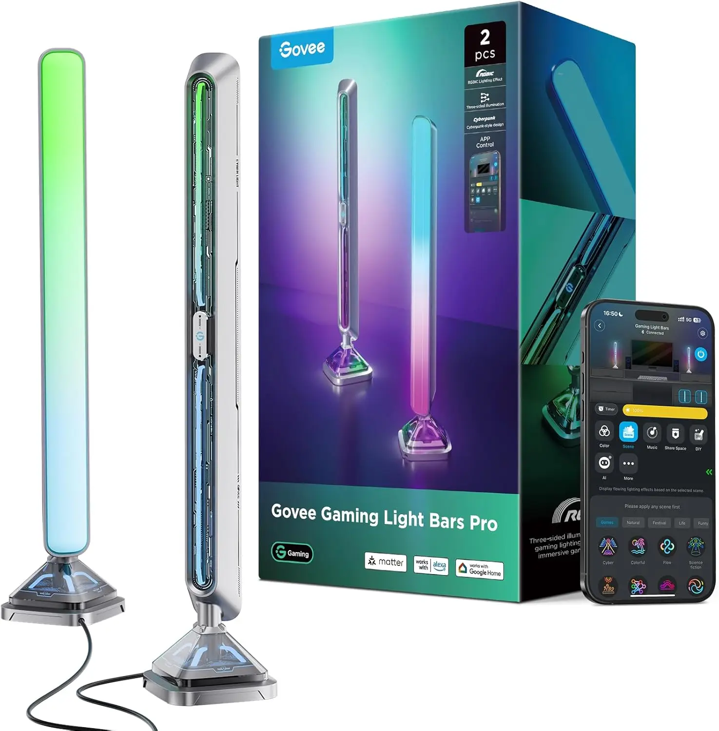 

16-Inch Smart Triple-Sided RGBIC Gaming Light Bars, Music Sync & 60+ Scenes, Works with Alexa & Google Home