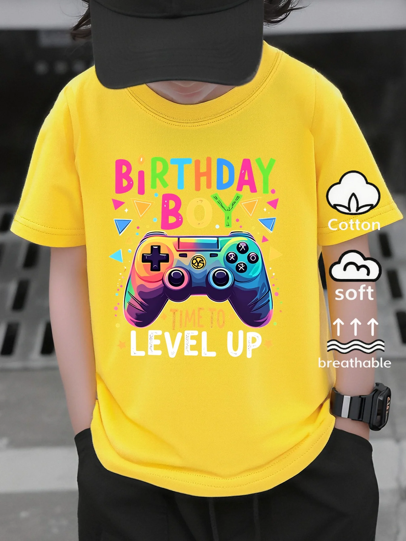 Camiseta Infantil de Verão Moderna e Casual de Manga Curta com Estampa de Estrela de Aniversário e Controle de Jogo, Gola Redonda, Modelo Pai-Filho