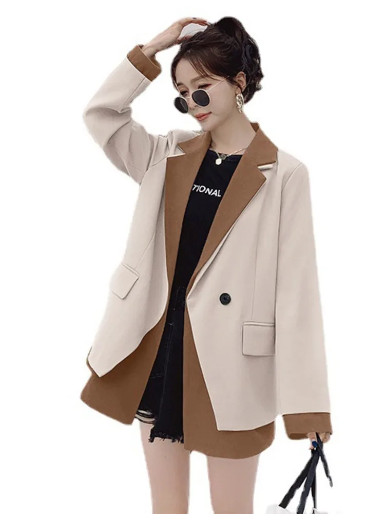 LANMREM Contrast Color Blazers For Women Notched Collar Long Sleeves Irregular Chic Pocket Coat 2024 Autumn New 2DA8381