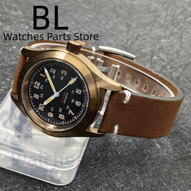 BLIGER 36mm39mm NH35 Automatic Retro Bronze Field Pilot Men\'s Watch Sapphire Glass Green Luminous Dial Leather Strap Screw Crown