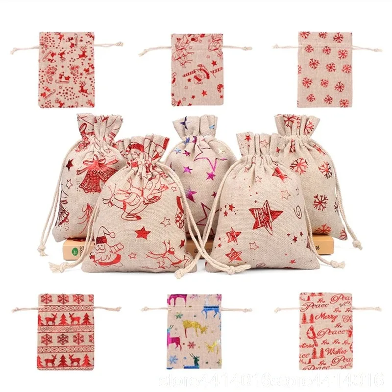 10pcs 10x14cm Christmas Bronzing Cotton Bags Drawstrings Jewelry Gift Display Packing Bags Xmas Party Favor Candy Bags