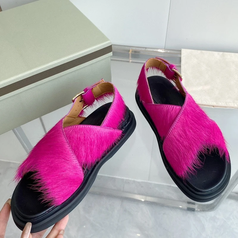 

Thick Soles Mohair Flat Sandals for Women Back Strap Buckles Fur Slides Girls Summer Cross Bands Slippers Shoes