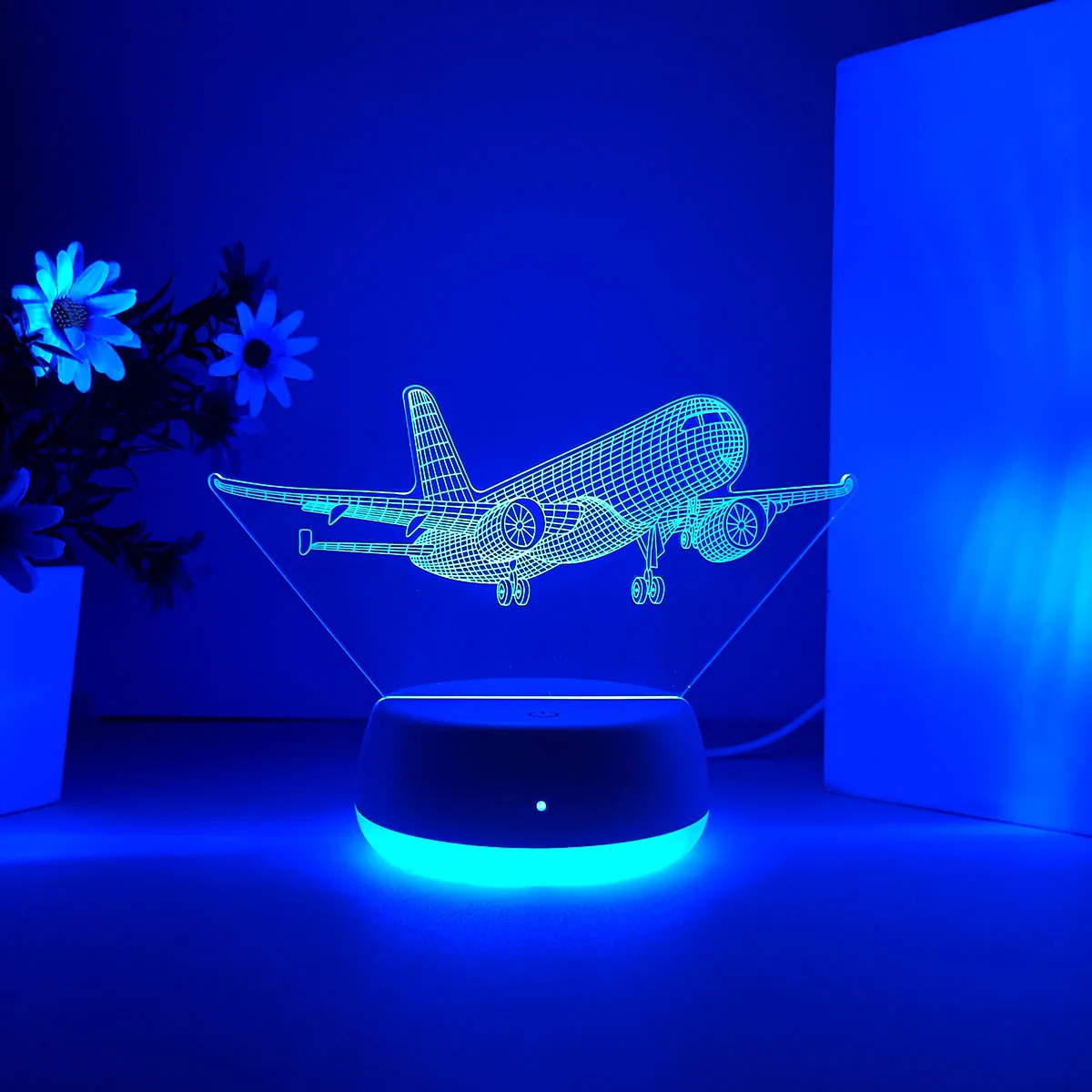 1 قطعة ضوء ليلي ثلاثي الأبعاد للطائرة، مصدر طاقة USB، قاعدة مضيئة، مناسبة لغرفة النوم وغرفة المعيشة، مفتاح لمس، سبعة ألوان.