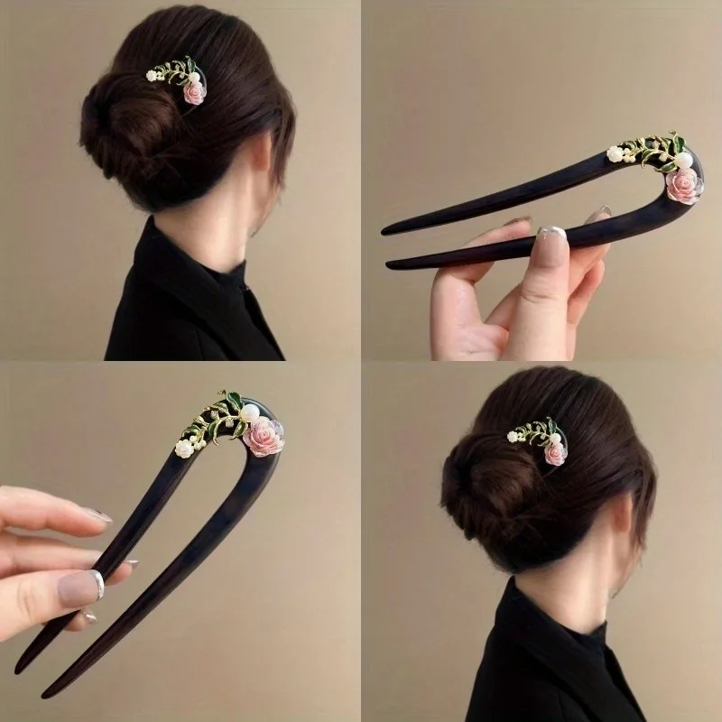 Nuevo estilo chino flor en forma de U horquilla de madera traje antiguo Hanfu Qipao pelo trenzado diario horquilla Simple y de alta gama