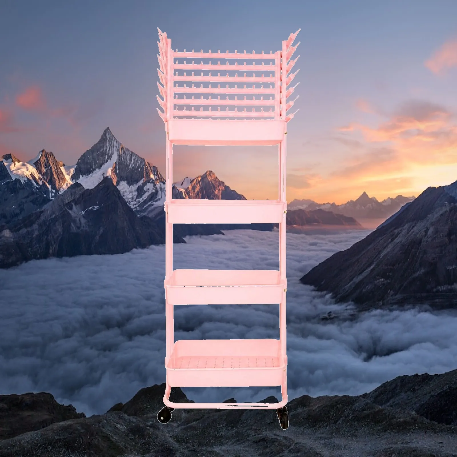 Four-Tier Rolling Cart with Hair Rack Mobile Hairdressing Storage Trolley Salon Trolley Cart Multi-Level for Hairstylists