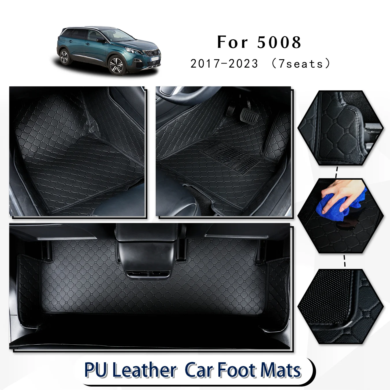 

For 5008（7seats） For 2017-2023 Three Layer PU Leather Stereo Anti-Slip Car Mat Luxury Car Interior Floor Mats Accessories