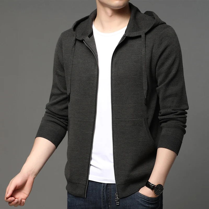 

Hooded Cardigan Sweaters Brand Mens Spring/Autumn Long Sleeves Solid Color Slim Fit Business Leisure Zipper Knit Sweater Jackets