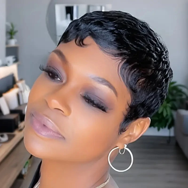 Short Pixie Cut Human Hair Wigs Natural Black Brazilian Remy Hair Wig Human Hair Machine Made Wig