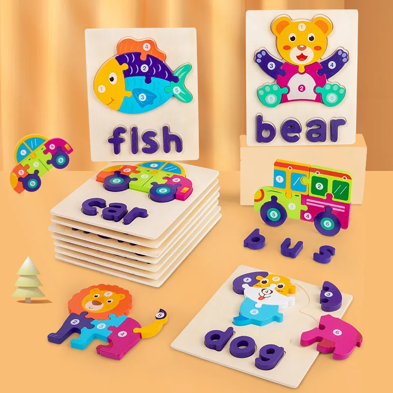 Vowel Letter Stereoscopic Jigsaw Puzzle Wooden Animal Pattern Board Matching Puzzle Montessori Educational Learning Toys