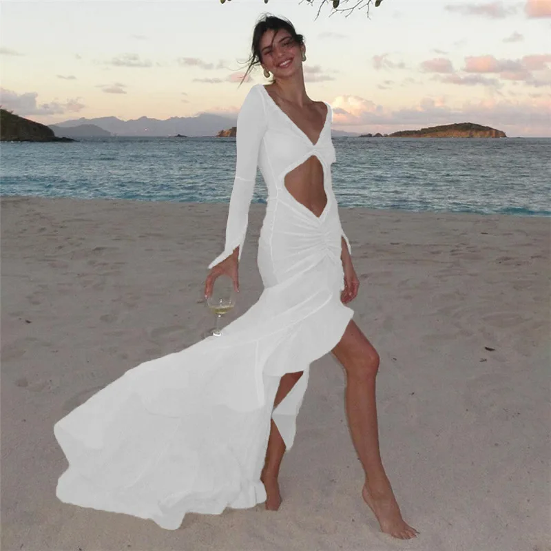 Nibber maille Robe concise femmes classique vacances Style à manches longues découpé froncé Robe asymétrique femme tenue élégante