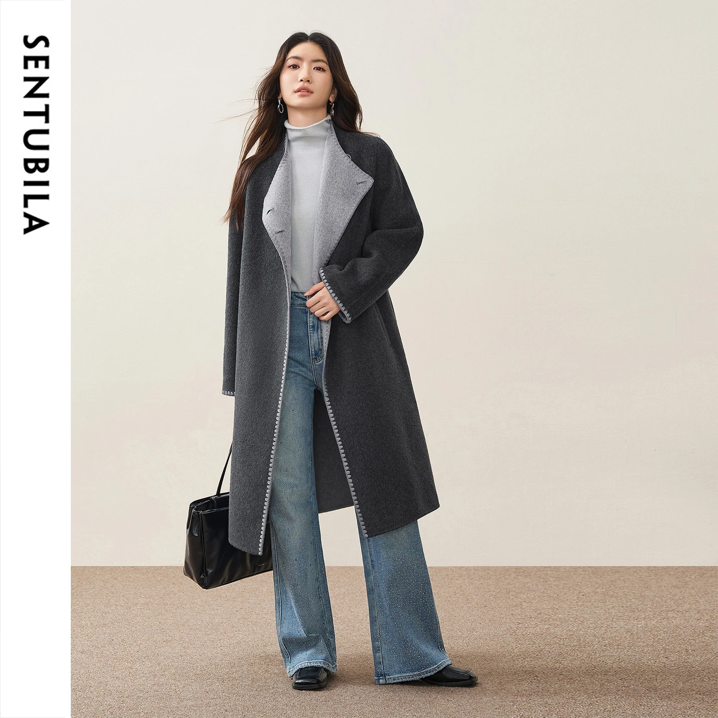 SENTUBILA Women's Luxury Wool Coat 2026 Winter Double Faced Wool Lapel Overcoat Detachable Belt Thick Warm Outerwear W64OC7680