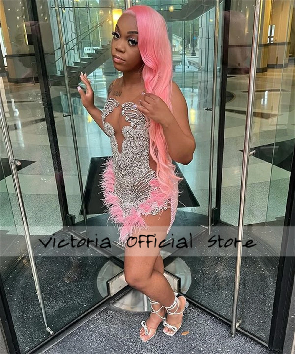 Pink Feathers Silver Rhinestone Prom Dress For Black Girls Sheer Mesh Mermaid Birthday Dress Luxury Sexy Mini Cocktail Customize